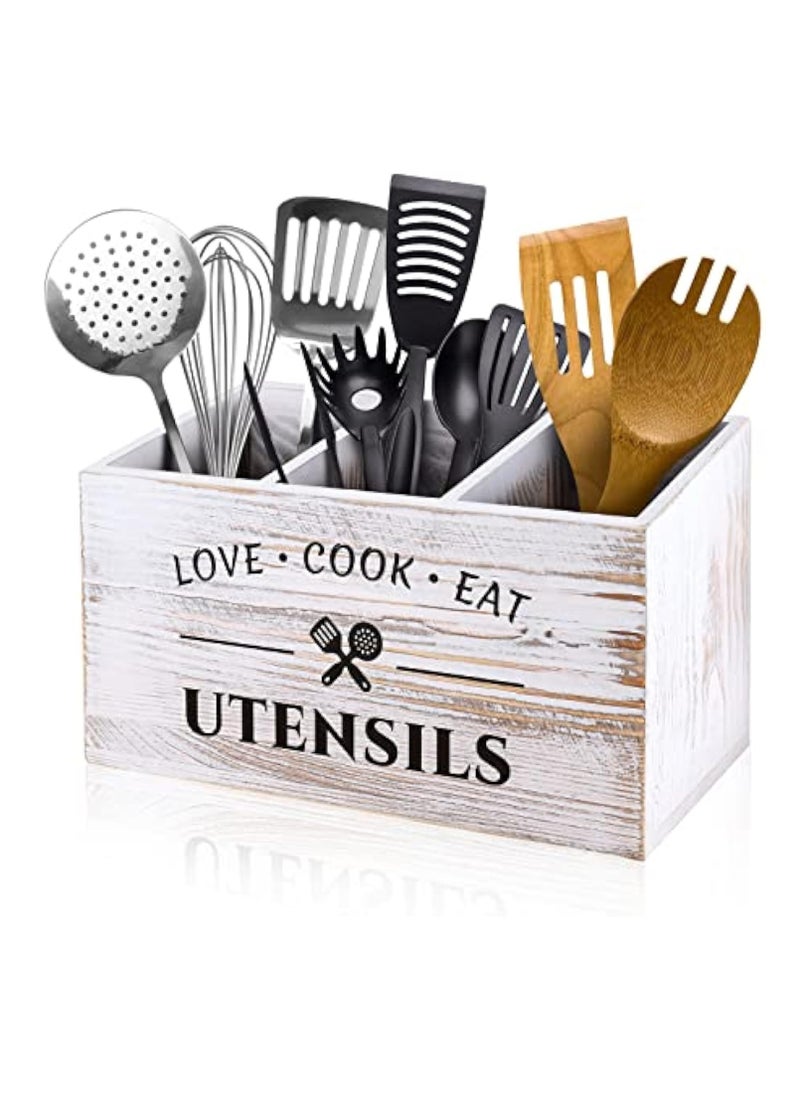 Arabest Wood Kitchen Utensil Caddy with 3 Compartments, Rustic Farmhouse Style, Ideal for Storage and Organization, White  - Image 1