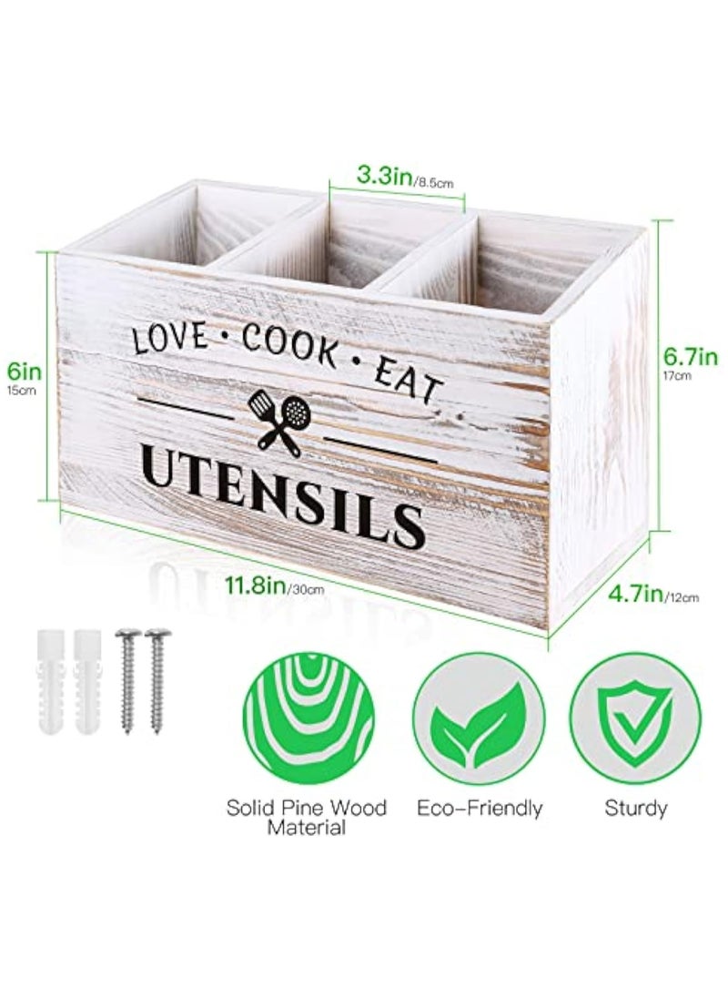 Arabest Wood Kitchen Utensil Caddy with 3 Compartments, Rustic Farmhouse Style, Ideal for Storage and Organization, White  - Image 2