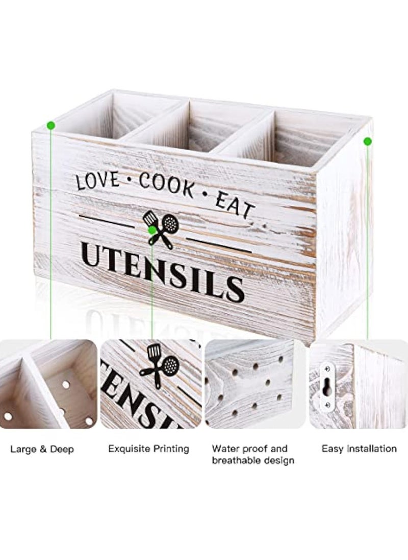 Arabest Wood Kitchen Utensil Caddy with 3 Compartments, Rustic Farmhouse Style, Ideal for Storage and Organization, White  - Image 3