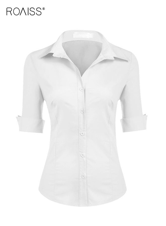 roaiss Women's White Button-Down Shirt Elegant Three-Quarter Sleeve Blouse with French Cuff Detail Lightweight Breathable Fabric for Work to Weekend Transition - Image 3