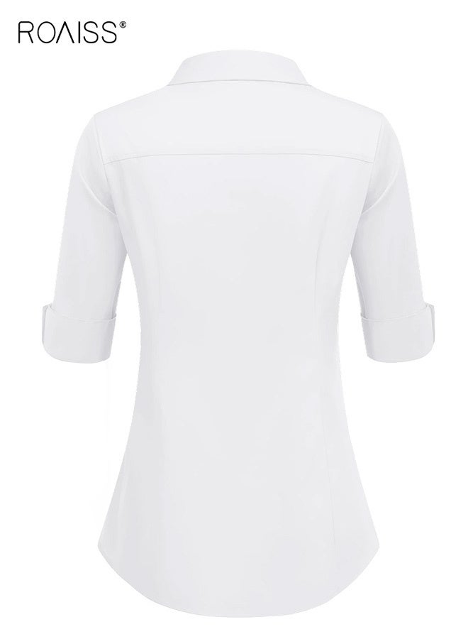 roaiss Women's White Button-Down Shirt Elegant Three-Quarter Sleeve Blouse with French Cuff Detail Lightweight Breathable Fabric for Work to Weekend Transition - Image 4
