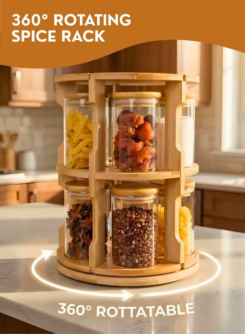 360° Rotating Bamboo Spice Rack Organizer with Glass Jars & Lids – Space Saving Kitchen Countertop Seasoning Rack Set, Modern Wooden Spice Holder for Herbs, Masala & Condiments Storage (Multi-Tier Carousel Design) - Image 1