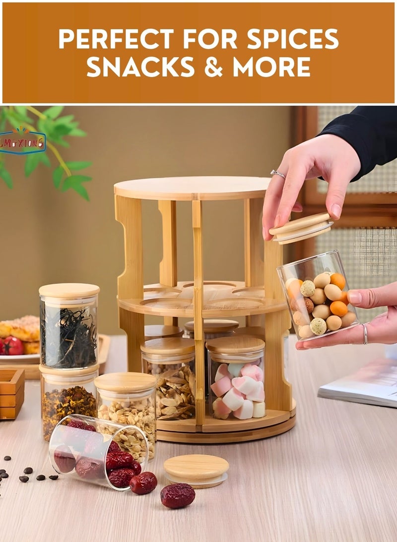 360° Rotating Bamboo Spice Rack Organizer with Glass Jars & Lids – Space Saving Kitchen Countertop Seasoning Rack Set, Modern Wooden Spice Holder for Herbs, Masala & Condiments Storage (Multi-Tier Carousel Design) - Image 3