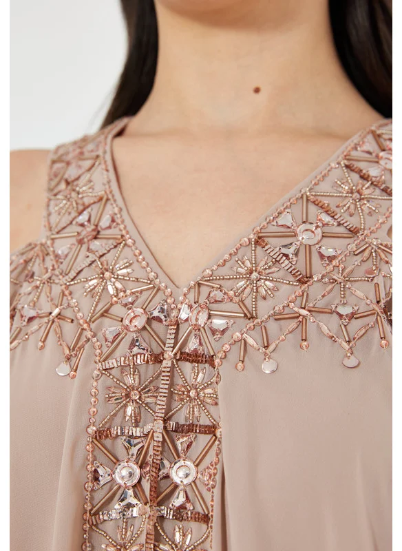 امري V-Neck Embellished Cold Shoulder Kaftan