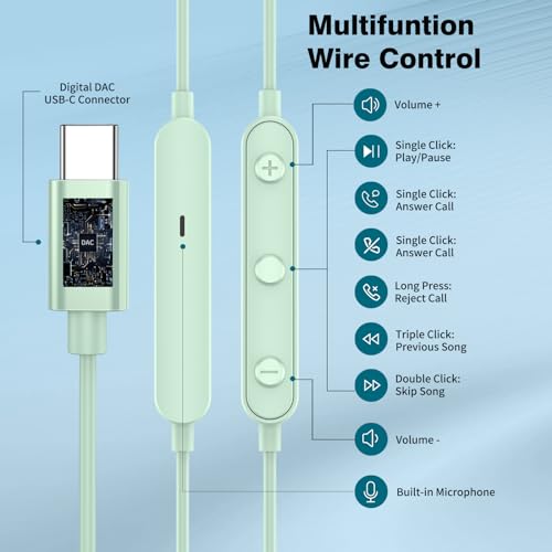 APETOO USB C Headphones for iPhone 17 16 15 Plus iPad 10th Wired Earbuds for Samsung S24 S23 S22 S21 S20 Magnetic Noise Canceling in-Ear Type C Earphones with Mic Volume Control for Pixel 9 8 7, Mint - Image 3