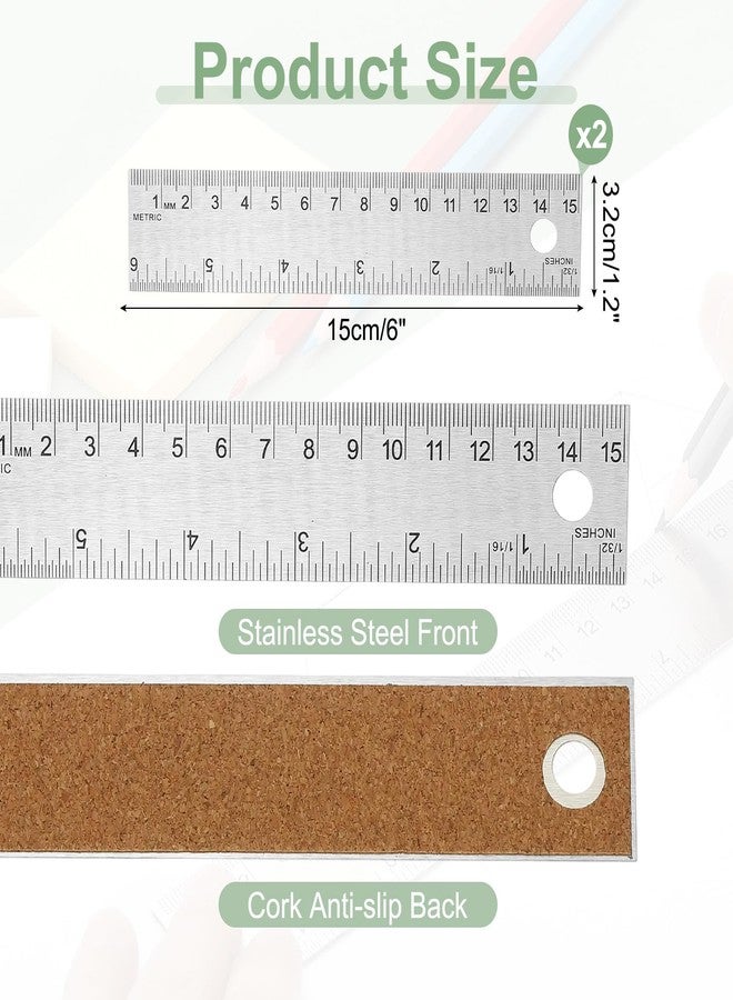 PATIKIL Stainless Steel Ruler Cork Backed, 2Pcs 6 Inch Straight Edge Ruler Non-Slip Cork Backing with Inch and Centimeter Scale for Office Engineering Drawing - Image 2