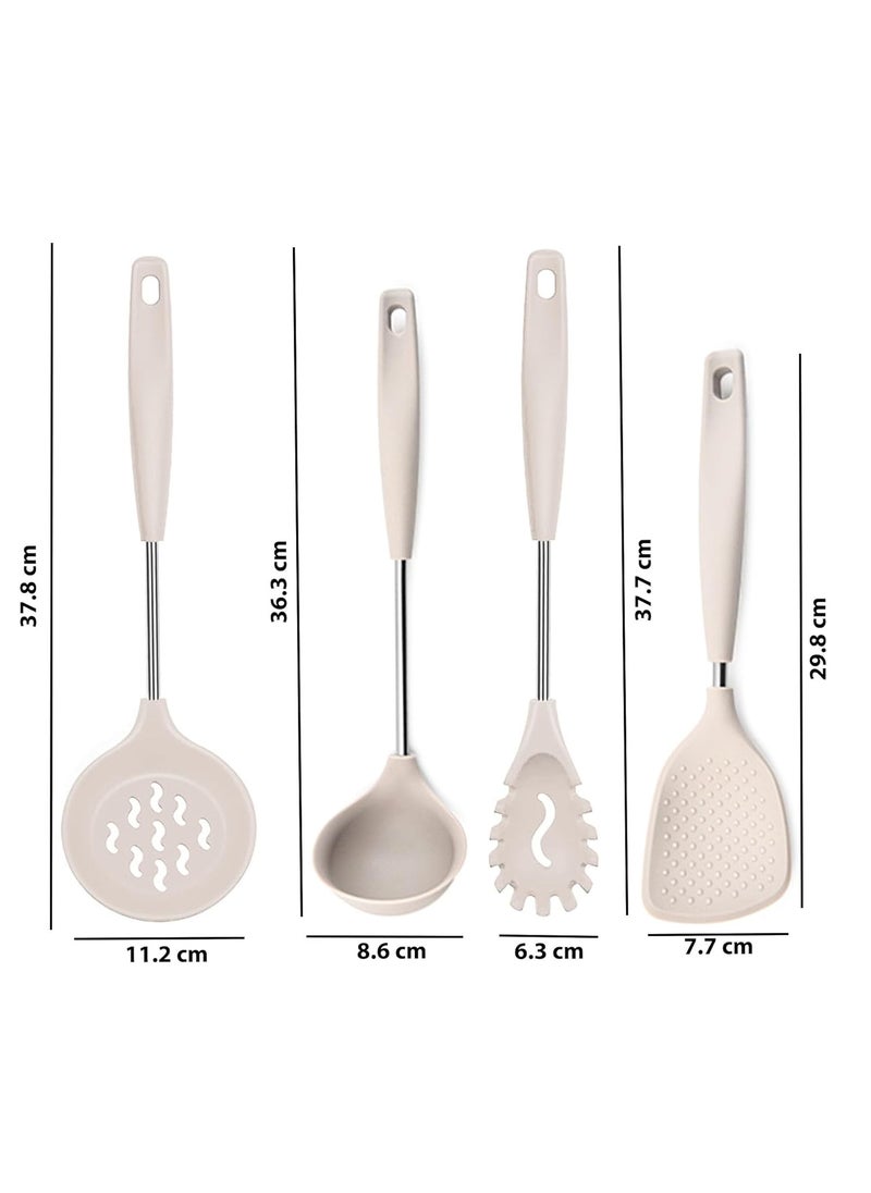 P Plus Fire Silicone Spoon for Cooking Silicone Noodle Spatula Flatware Rice Scooper Skimmer Spoon for Frying Poori Strainer Non Stick Spoon Pasta Server Rice Server Set of 4 Cream