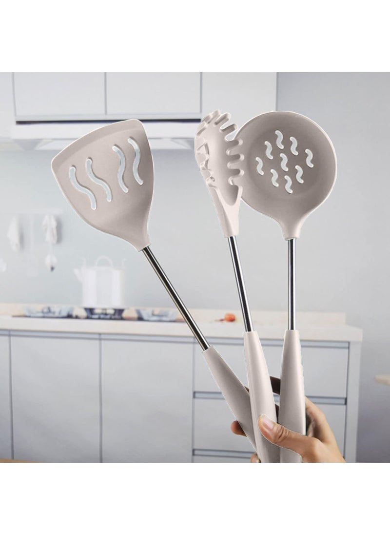 P Plus Fire Silicone Spoon for Cooking Silicone Noodle Spatula Flatware Rice Scooper Skimmer Spoon for Frying Poori Strainer Non Stick Spoon Pasta Server Rice Server Set of 4 Cream