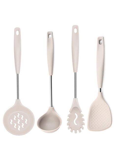 P Plus Fire Silicone Spoon for Cooking Silicone Noodle Spatula Flatware Rice Scooper Skimmer Spoon for Frying Poori Strainer Non Stick Spoon Pasta Server Rice Server Set of 4 Cream