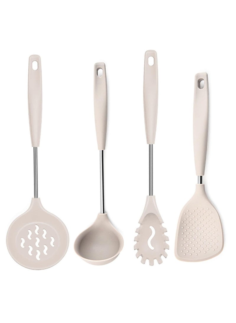 P Plus Fire Silicone Spoon for Cooking Silicone Noodle Spatula Flatware Rice Scooper Skimmer Spoon for Frying Poori Strainer Non Stick Spoon Pasta Server Rice Server Set of 4 Cream