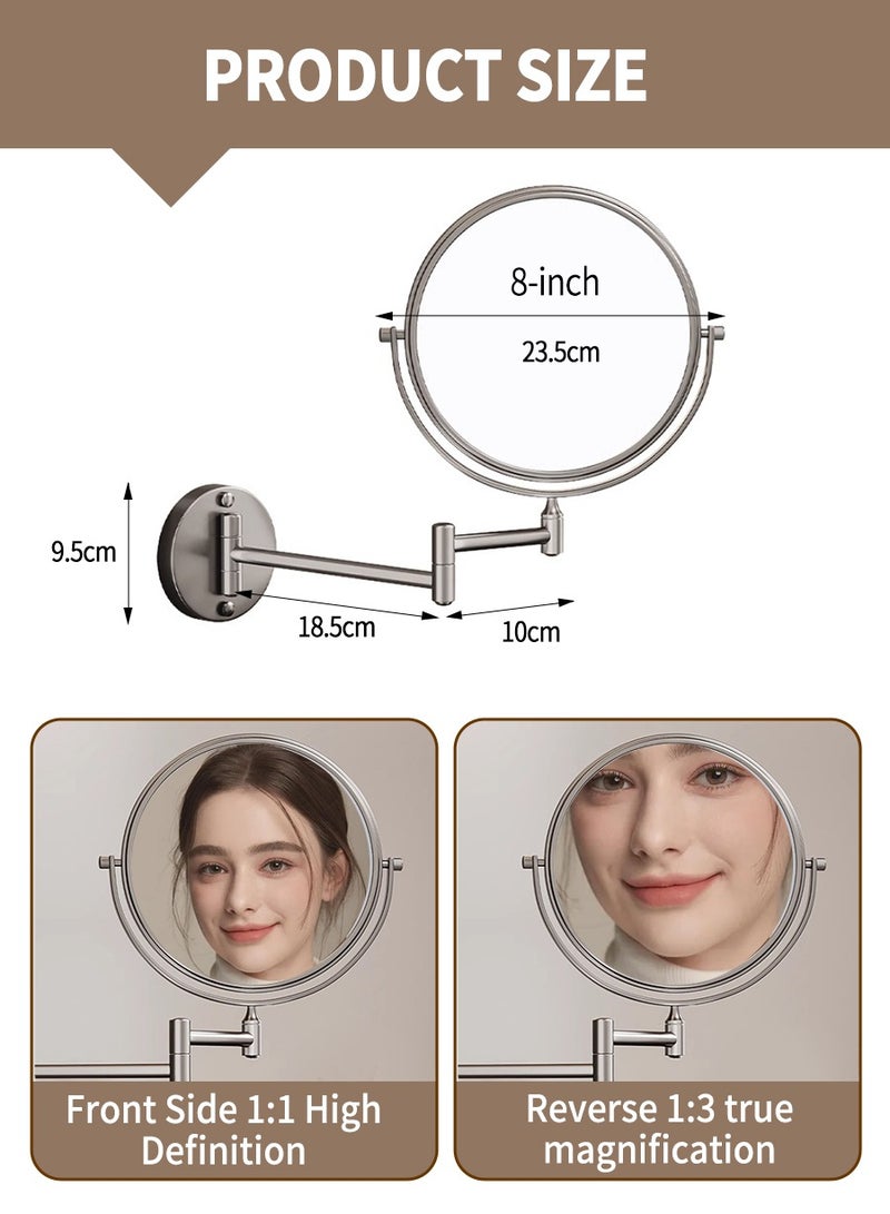 Wall Mounted Illuminated Makeup Vanity Mirror, 3x Magnification, Extended Arm 360 Degree Swivel Shaving, Makeup Mirror 8 in. - Image 3