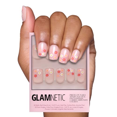 Glamnetic Press On Nails - Pretty Bloom Spring Nails | Glossy, Semi-Transparent Short Squoval Fake Nails with Flower Accents, Salon Quality | 15 Sizes - 30 Nail Kit with Glue - Image 1
