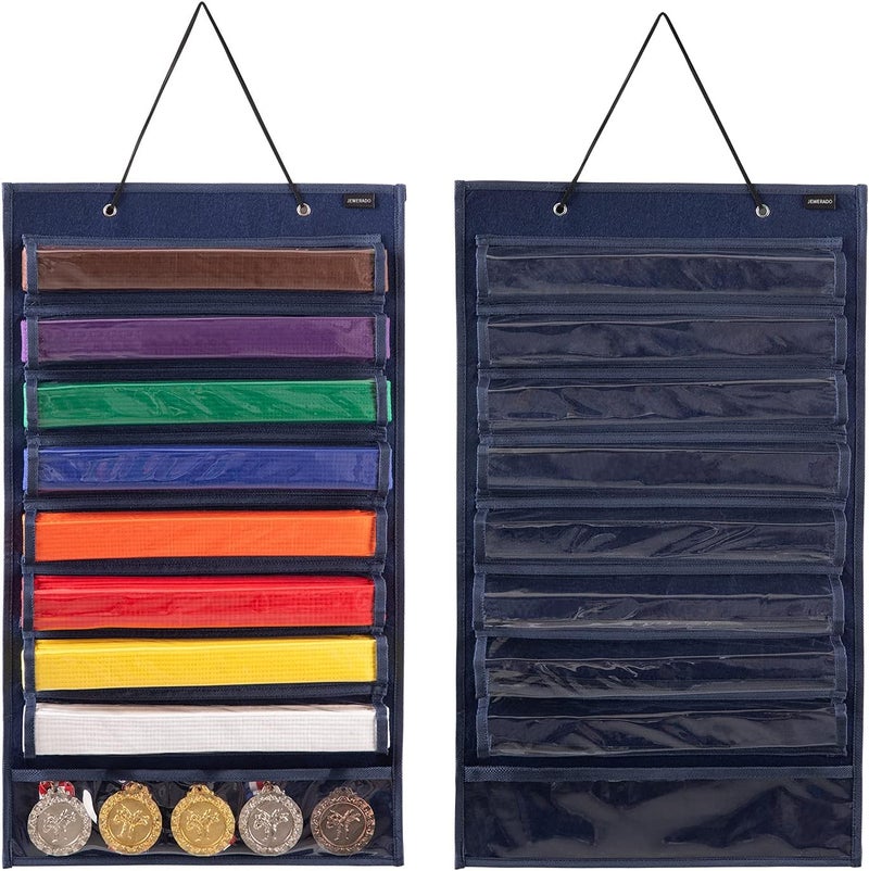 AFUOWER Martial Arts Belt Holder Hanging Display for 8 Belts, Hold 5 Medals - Image 1