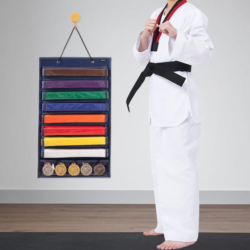 AFUOWER Martial Arts Belt Holder Hanging Display for 8 Belts, Hold 5 Medals - Image 5