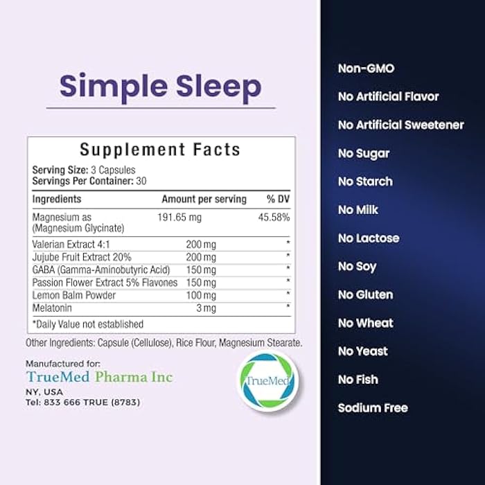 TRUEMED Sleep Support Supplement Natural Relaxation, Formula Magnesium Glycinate, Valerian Extract, GABA, Melatonin, Passion Flower, Lemon Balm & Promote Calm & Improve Sleep Quality 90 Capsules - Image 2