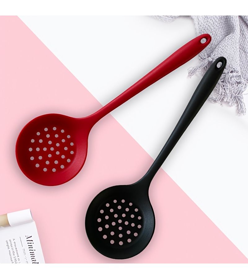 2Pcs Black Silicone Colander Slotted Spoon Heat Resistant Kitchen Tool - Image 4