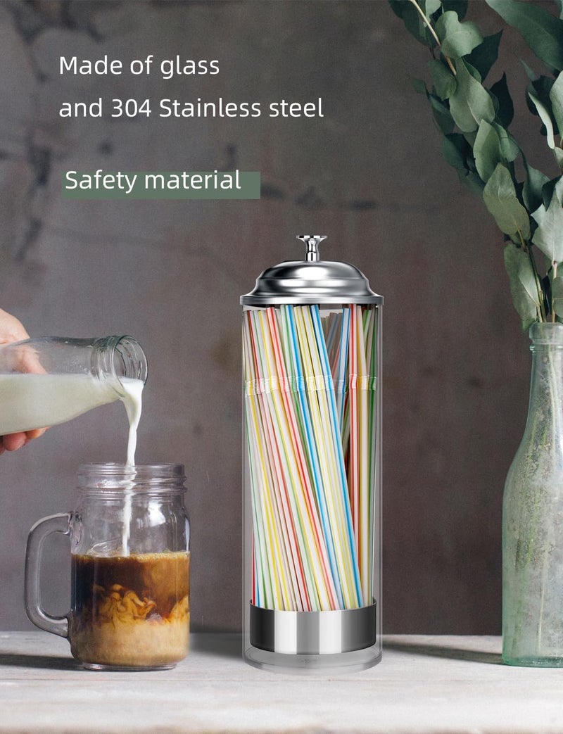 BIGINIWA Straw Holder Dispenser 100 PCS Straws includ - Clear Glass Drinking Straw Container with Lid for Counter - Image 1