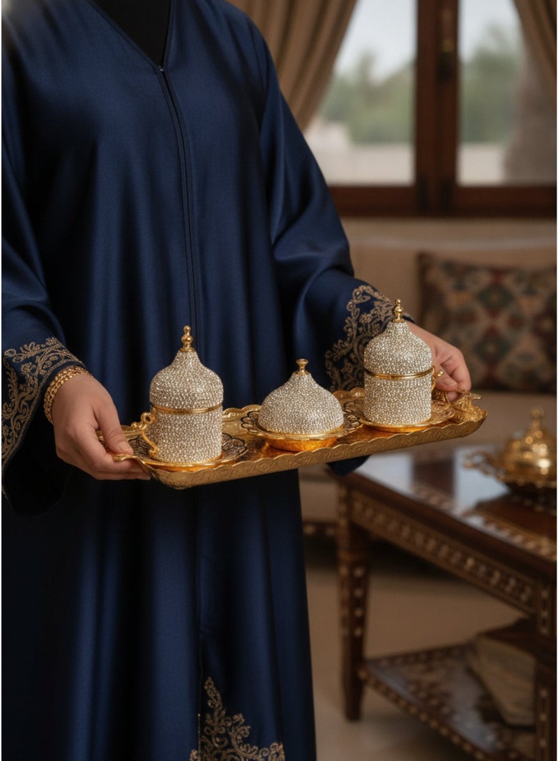 Acar Luxury Ottoman-Style 2-Person Turkish Coffee Set with Gold Tray, Sparkling Gold Cups with Covers & Sparkling Covered Plate for Dates and Sweets – Made in Turkey - Image 1