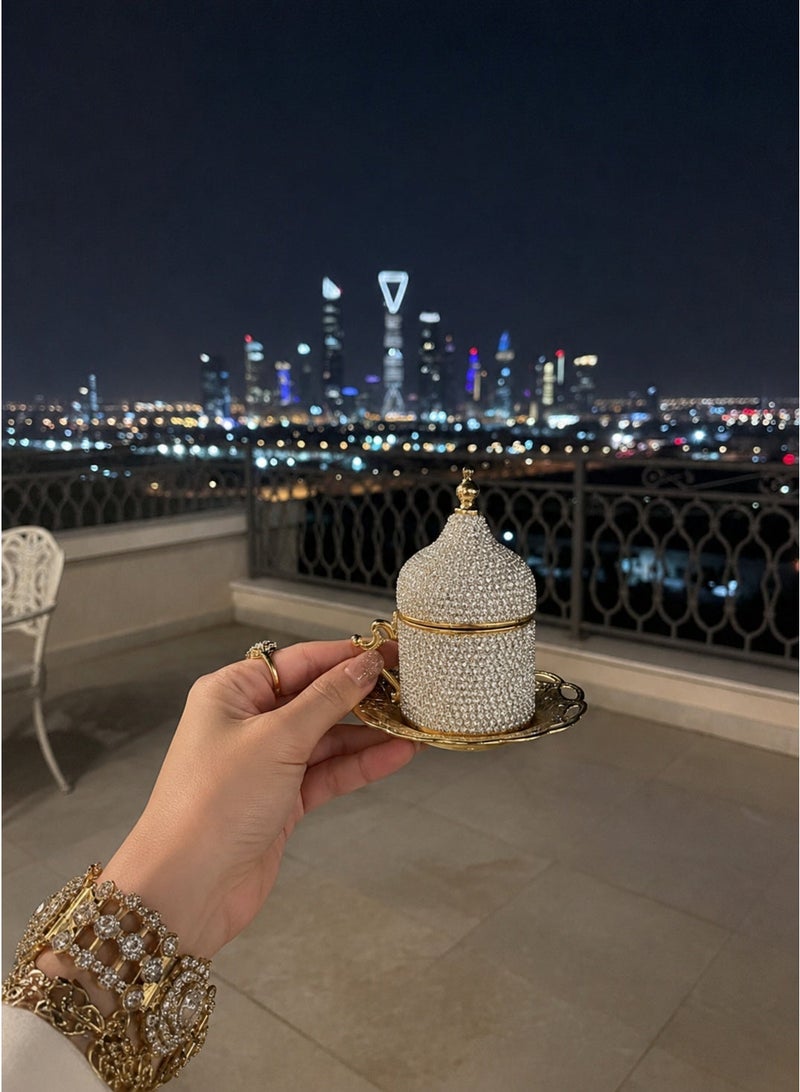 Acar Luxury Ottoman-Style 2-Person Turkish Coffee Set with Gold Tray, Sparkling Gold Cups with Covers & Sparkling Covered Plate for Dates and Sweets – Made in Turkey - Image 3
