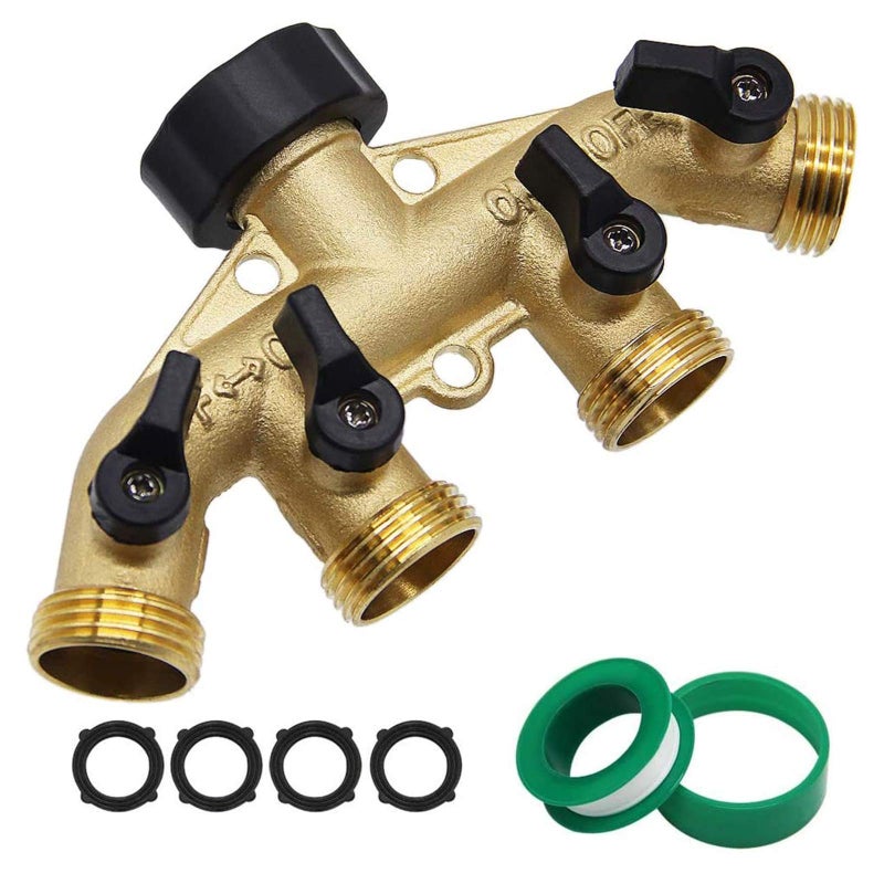 Twinkle Star 4 Way Heavy Duty Brass Garden Hose Splitter, Hose Connector 3/4", Hose Spigot Adapter with 4 Valves - Image 1
