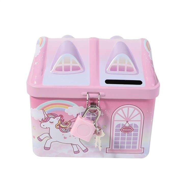 WISHKEY Cute & Colorful Unicorn Printed Metal Piggy Bank With Secure Lock & Keys For Kids, House Shaped Money Saving Storage Coin Collection Box For Girls, Children (Pack Of 1, Multicolor,Classic) - Image 4