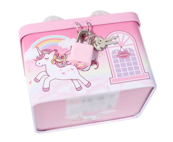 WISHKEY Cute & Colorful Unicorn Printed Metal Piggy Bank With Secure Lock & Keys For Kids, House Shaped Money Saving Storage Coin Collection Box For Girls, Children (Pack Of 1, Multicolor,Classic) - Image 3