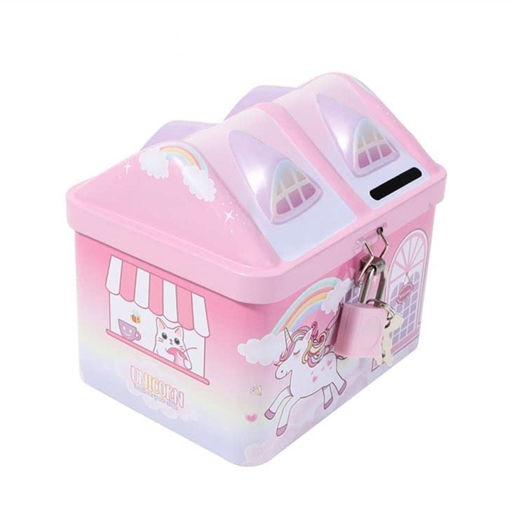 WISHKEY Cute & Colorful Unicorn Printed Metal Piggy Bank With Secure Lock & Keys For Kids, House Shaped Money Saving Storage Coin Collection Box For Girls, Children (Pack Of 1, Multicolor,Classic) - Image 2