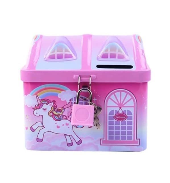 WISHKEY Cute & Colorful Unicorn Printed Metal Piggy Bank With Secure Lock & Keys For Kids, House Shaped Money Saving Storage Coin Collection Box For Girls, Children (Pack Of 1, Multicolor,Classic) - Image 1