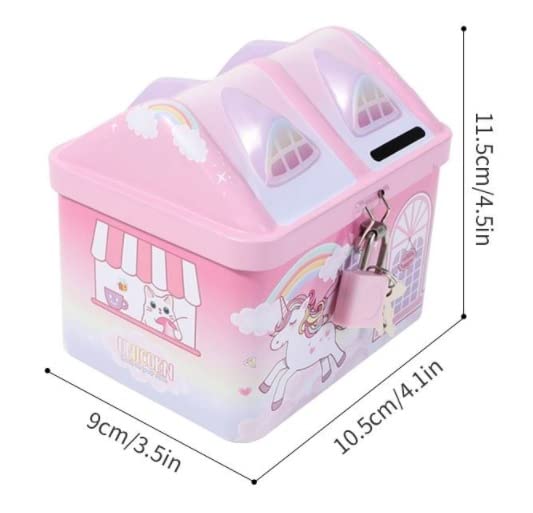 WISHKEY Cute & Colorful Unicorn Printed Metal Piggy Bank With Secure Lock & Keys For Kids, House Shaped Money Saving Storage Coin Collection Box For Girls, Children (Pack Of 1, Multicolor,Classic) - Image 5