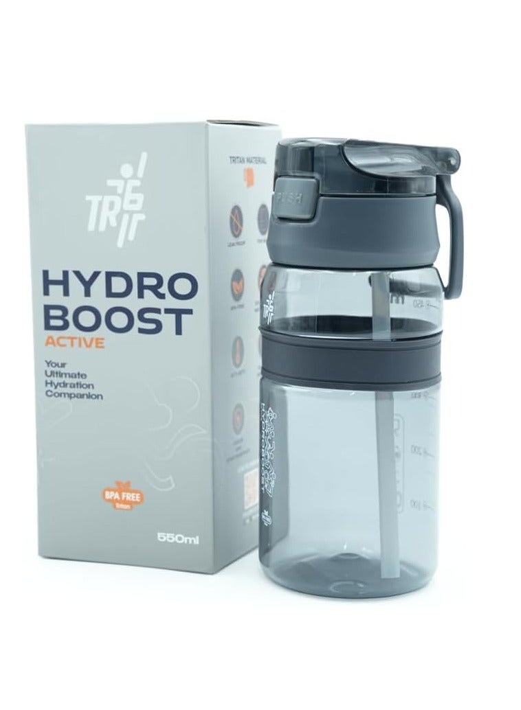 TR6 Hydro Boost Active Clear 550ml Water Bottle BPA Free Tritan Transparent Leak Proof Push Lid with Straw & Handle Lightweight Shatter Resistant Odor Free Ideal for Kids Office Gym & Daily use (Black)