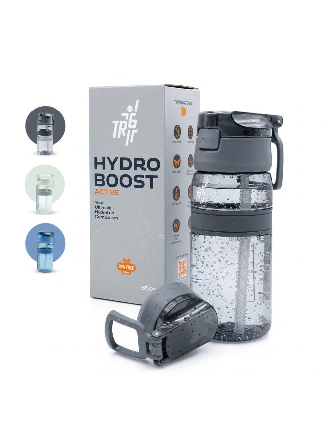 TR6 زجاجة مياه TR6 Hydro Boost Active سعة 550 مل، خالية من مادة BPA، مصنوعة من مادة تريتان الشفافة المقاومة للتسرب، مزودة بغطاء دفع مع شفاطة ومقبض، خفيفة الوزن ومقاومة للكسر وخالية من الروائح، مثالية للأطفال في المكتب والصالة الرياضية والاستخدام اليومي (أسود) - Image 1