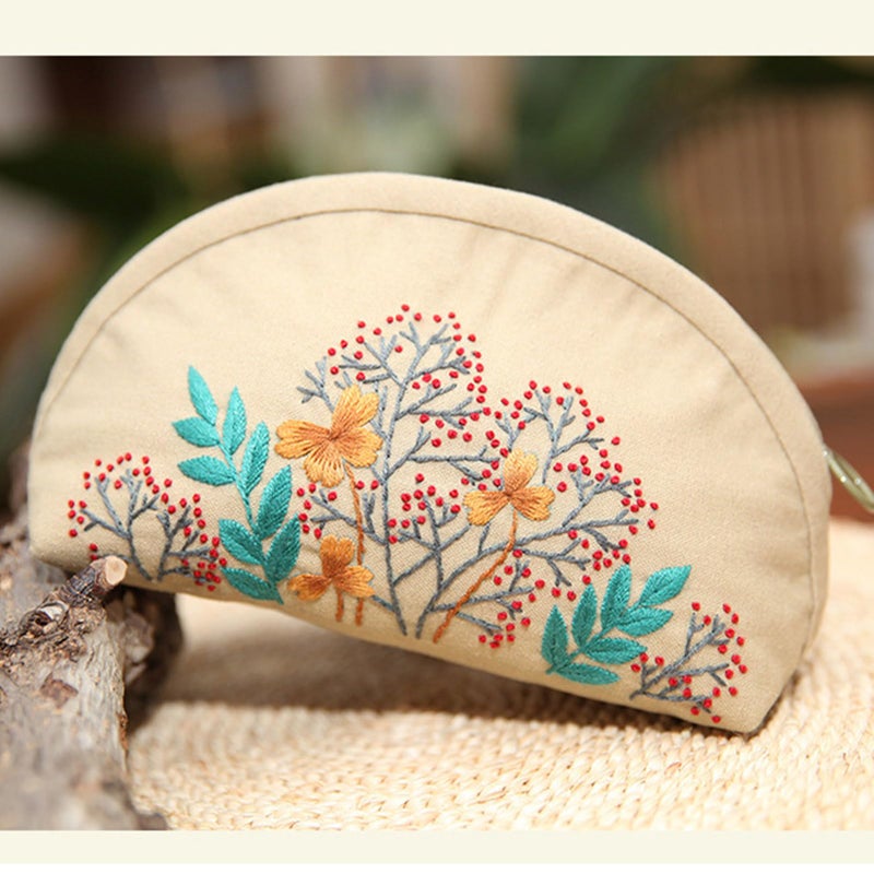 FONNUY Embroidery Kit Makeup Bag for Beginners, Flowers Pre-Stamped Pattern Handbag Coin Purses Making Kits for Adults with Hoop, Easy to Follow Color Thread Needlework (Beige) - Image 5