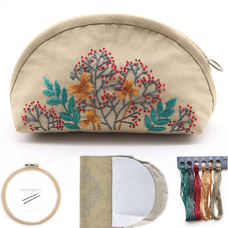 FONNUY Embroidery Kit Makeup Bag for Beginners, Flowers Pre-Stamped Pattern Handbag Coin Purses Making Kits for Adults with Hoop, Easy to Follow Color Thread Needlework (Beige) - Image 1