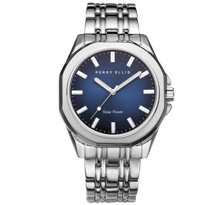Perry Ellis Solar Powered Mens Watch Alloy Bracelet WaterResistant Analog Wrist Watches for Men 42mm Case Relojes para Hombres Elegant Gift for Man Silver - Image 2