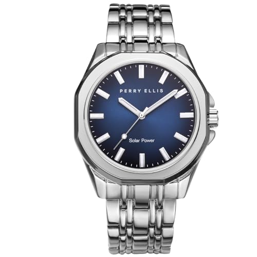 Perry Ellis Solar Powered Mens Watch Alloy Bracelet WaterResistant Analog Wrist Watches for Men 42mm Case Relojes para Hombres Elegant Gift for Man Silver - Image 1