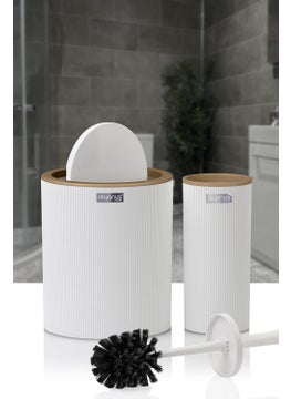 ‎okyanus Home Mina Due White Striped Round 2-Piece Toilet Bucket and Brush Set  - Image 2