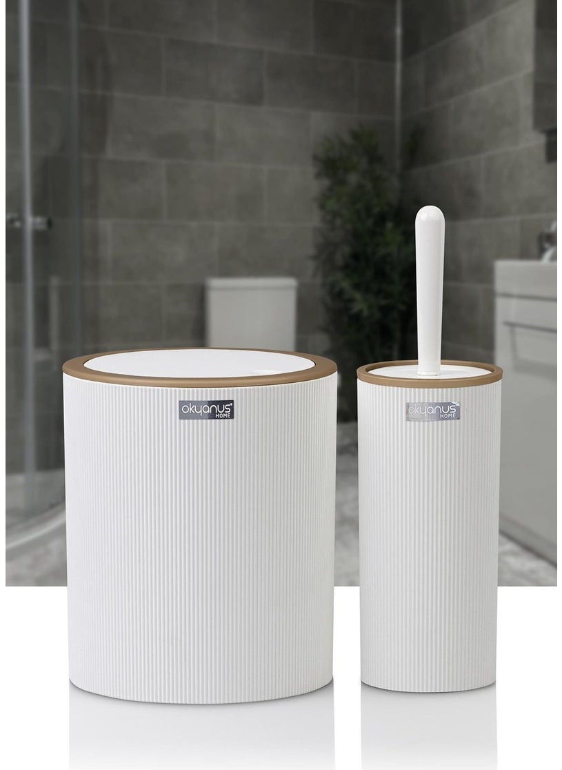 ‎okyanus Home - Mina Due White Striped Round 2-Piece Toilet Bucket and Brush Set - Image 1
