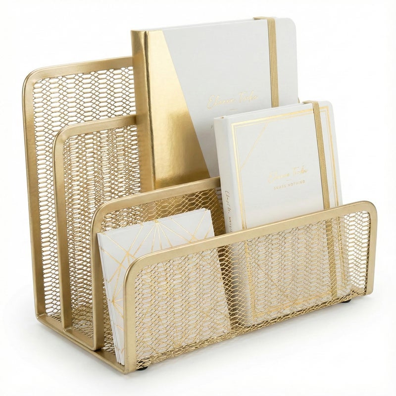 BLU MONACO | Gold Metal Mesh Mail Sorter Organizer Countertop | Paper Sorter for Desk with Three Tiers | Letter Organizer and Outgoing Mail Holder - Image 1