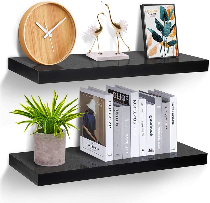 Md Decor Floating Sheesham Wood Shelves 17 inch Modern Decorative Wall Shelves with Large Storage for Bedroom Bathroom Home Office Living Room Set of 2 Shelves Black