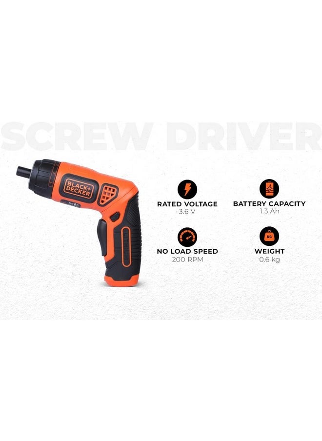 BLACK+DECKER - BLACK+DECKER BDCS36F Li-Ion Cordless Screwdriver Kit with 10 Screwdriver Bits, 3.6 volts, 7 Torque Positions & LED Guiding Light for Home & Professional Use, 1 Year Warranty, ORANGE & BLACK - Image 1