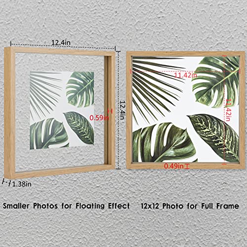 MUYE 12x12 Floating Frame Set of 2,Double Glass Rustic Square Photo Frame,Display Any Size Photo up to 12x12,Wall Mount or Tabletop Standing Natural - Image 2