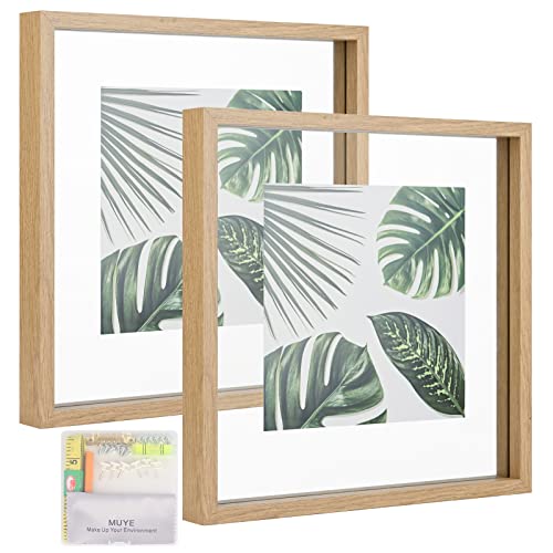 MUYE 12x12 Floating Frame Set of 2,Double Glass Rustic Square Photo Frame,Display Any Size Photo up to 12x12,Wall Mount or Tabletop Standing Natural - Image 1