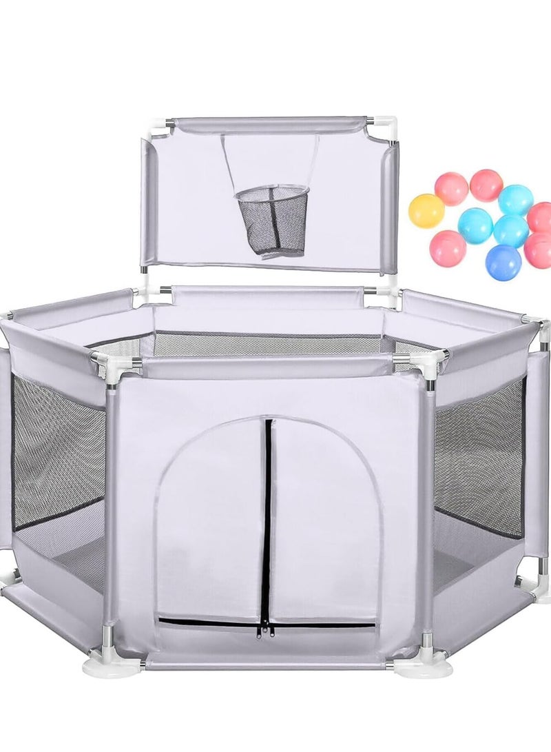 Foldable Baby Playpen with Basketball Hoop, Floor Mounted Activity Center, Provides Safety and Protection for Babies and Toddlers While Playing, Code 129 (128cm x 66.5cm x 70cm) Grey  - Image 1