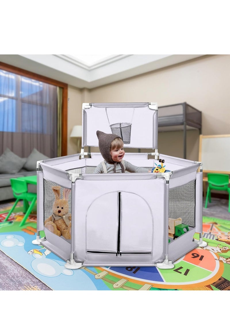 Foldable Baby Playpen with Basketball Hoop, Floor Mounted Activity Center, Provides Safety and Protection for Babies and Toddlers While Playing, Code 129 (128cm x 66.5cm x 70cm) Grey  - Image 2