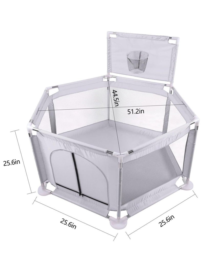 Foldable Baby Playpen with Basketball Hoop, Floor Mounted Activity Center, Provides Safety and Protection for Babies and Toddlers While Playing, Code 129 (128cm x 66.5cm x 70cm) Grey  - Image 4