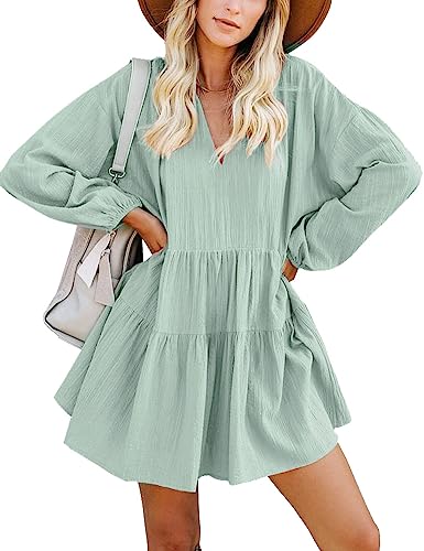 FANCYINN Long Sleeve Shift Tunic Dress Ruffle Swing Babydoll Juniors Mini Tiered Dress with Pockets Light Green M - Image 4