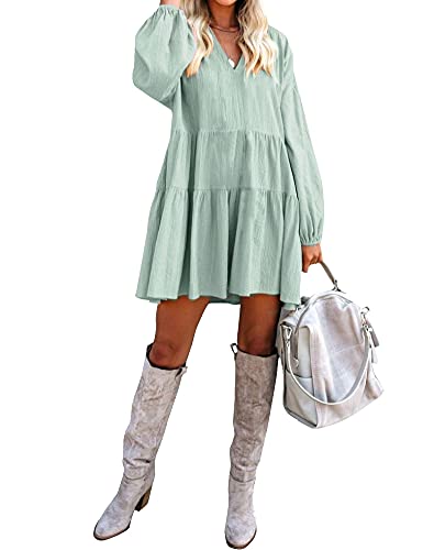 FANCYINN Long Sleeve Shift Tunic Dress Ruffle Swing Babydoll Juniors Mini Tiered Dress with Pockets Light Green M - Image 3