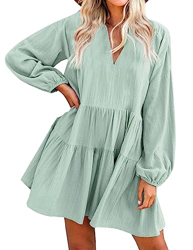 FANCYINN Long Sleeve Shift Tunic Dress Ruffle Swing Babydoll Juniors Mini Tiered Dress with Pockets Light Green M - Image 1