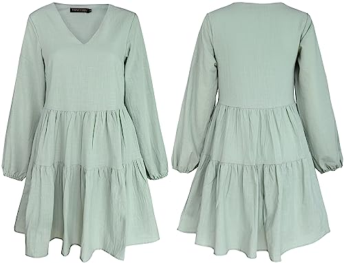 FANCYINN Long Sleeve Shift Tunic Dress Ruffle Swing Babydoll Juniors Mini Tiered Dress with Pockets Light Green M - Image 5