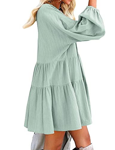 FANCYINN Long Sleeve Shift Tunic Dress Ruffle Swing Babydoll Juniors Mini Tiered Dress with Pockets Light Green M - Image 2